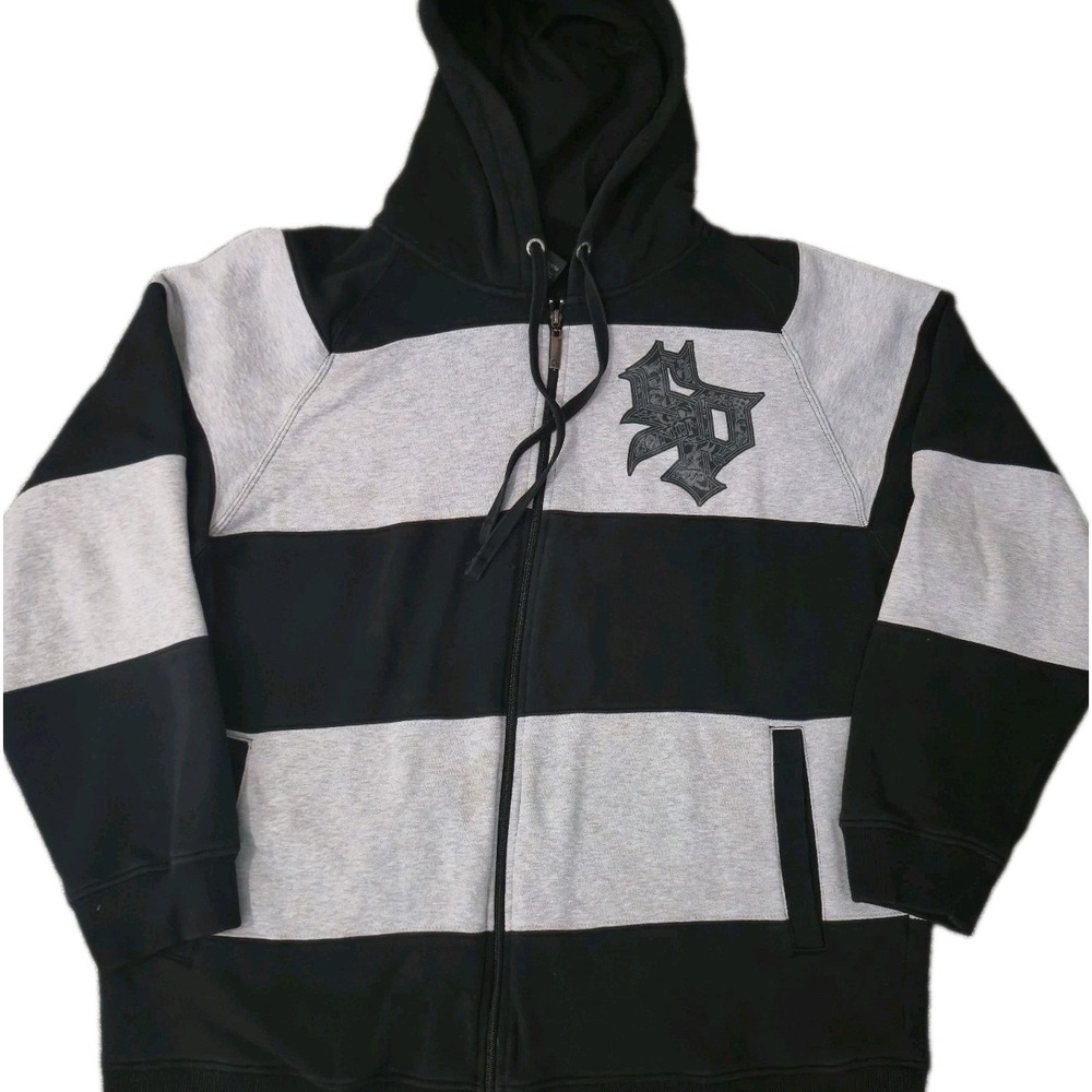 Vintage Southpole Hoodie Mens 2XL Black Striped Distressed Zip Up Y2K Skater